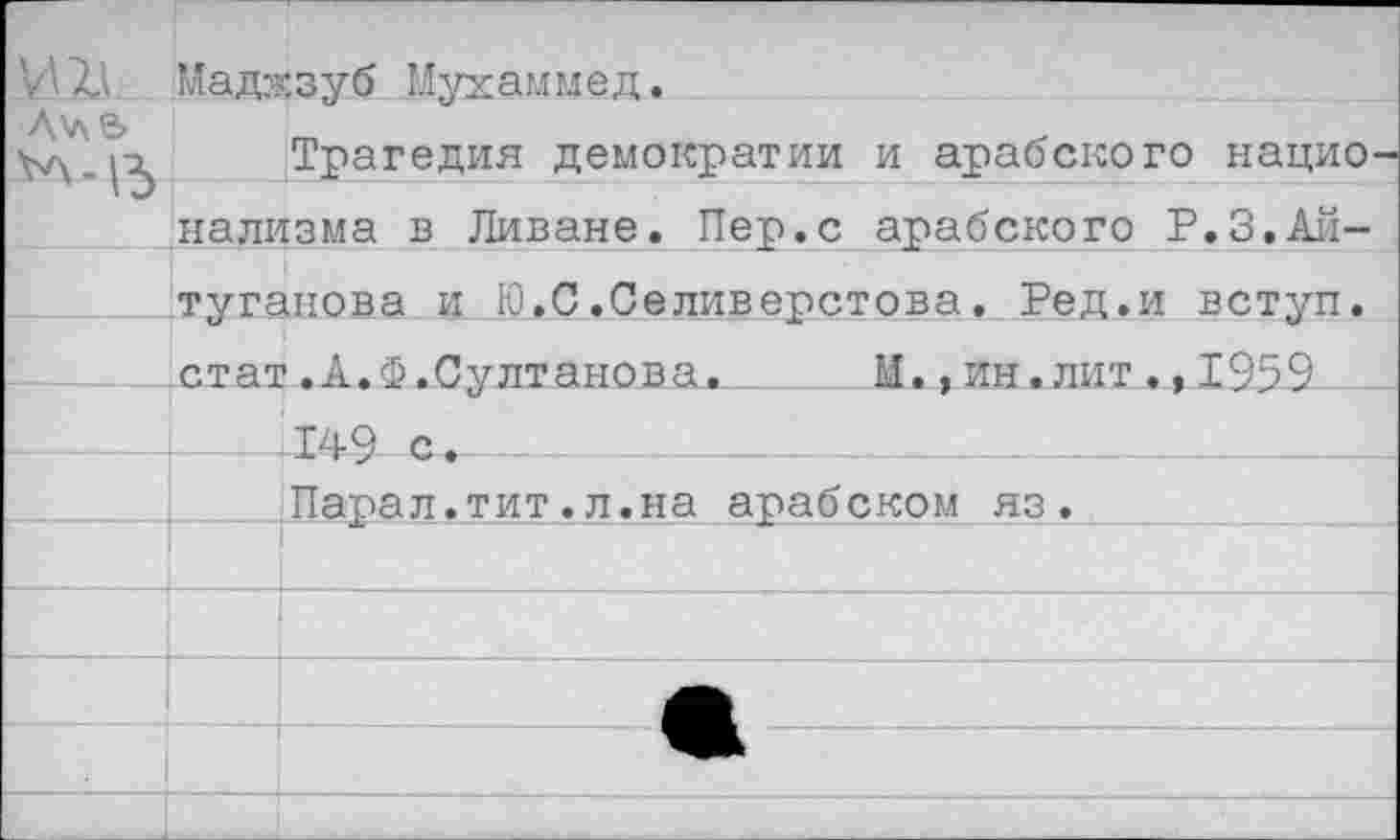 ﻿И ТА Маджзуб Мухаммед.
Лч&
Трагедия демократии и арабского нацио папизма в Ливане. Пер.с арабского Р.З.Аи-туганова и Ю.С.Селиверстова. Ред.и вступ. стат .А.Ф.Султанова.	М.,ин.лит.,1959
149 с.--------------------------------
Парал.тит.л.на арабском яз.